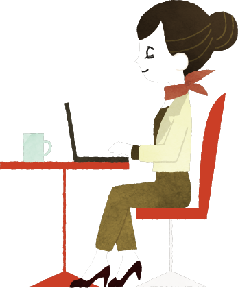 デスクでパソコンを開く女性のイラスト